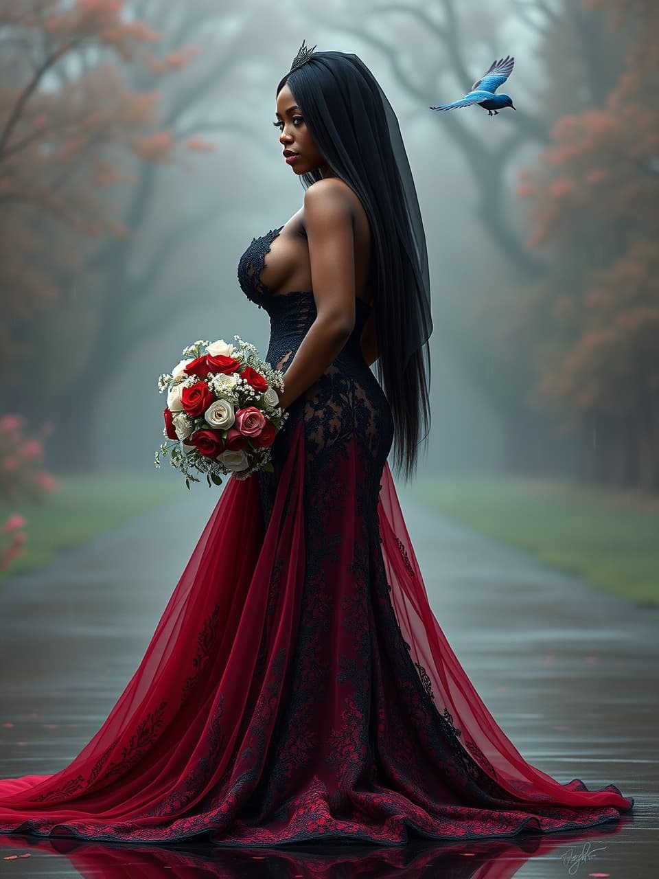 AI generated: beautiful bride with slick straight hairstyle, posing for her wedding photos. She poses sideways, he...