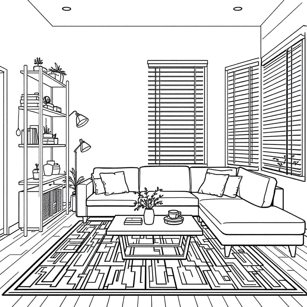 AI generated: Create a high-resolution black-and-white line drawing of a minimalist living room. Include detailed ...