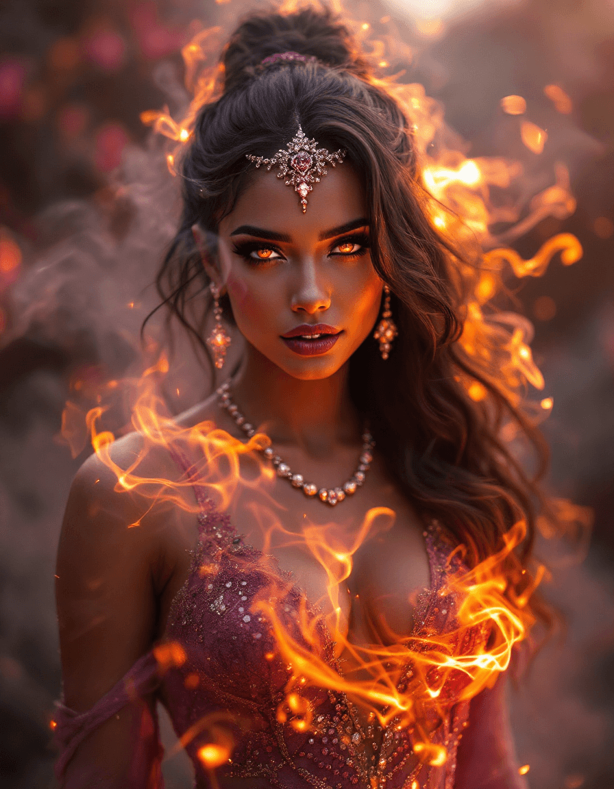 AI generated: In the center of the frame stands a sultry divine element, her skin aglow with ethereal light, her e...