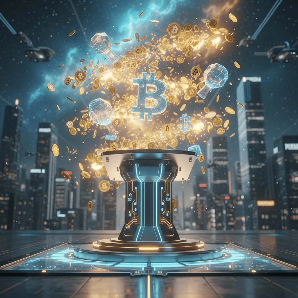 AI generated: A futuristic podium with glowing gold coins, Bitcoin, and digital trophies floating above it.