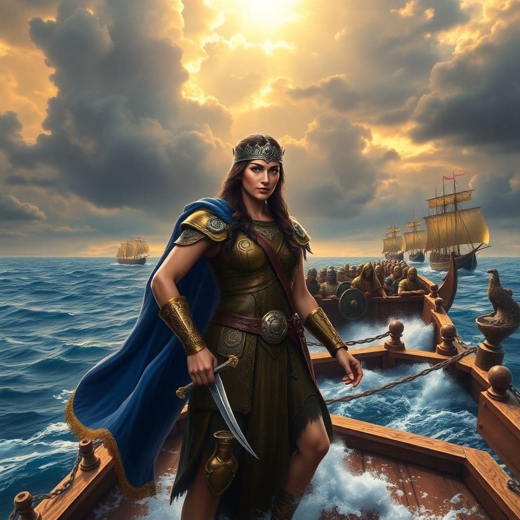 AI generated: Prompt: A powerful and determined Queen Teuta of Illyria stands at the prow of her warship, sailing ...