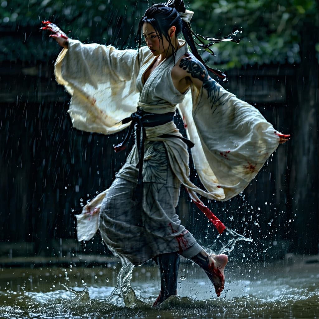 AI generated:  A beautiful Japanese female warrior, well endowed body, wearing a short kimono, blown wide open by ...