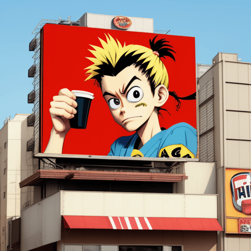 AI generated: fast food ad, billboard sign, 90s, anime, japanese pop, japanese words, in the style of Jamie Hewlet...