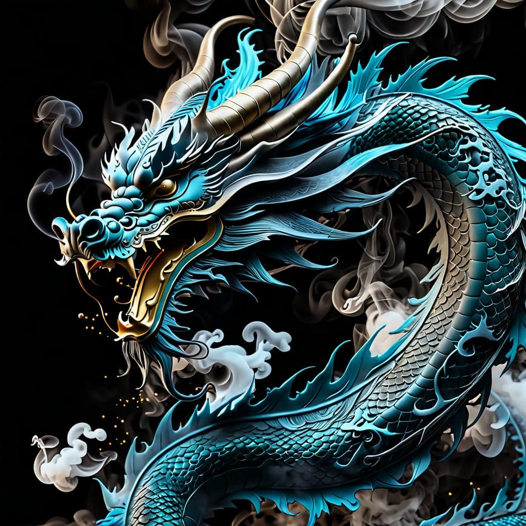 AI generated: a fade of smoke in the shape of a Chinese dragon, fading into pure darkness, HD, Ultra HD, artstatio...