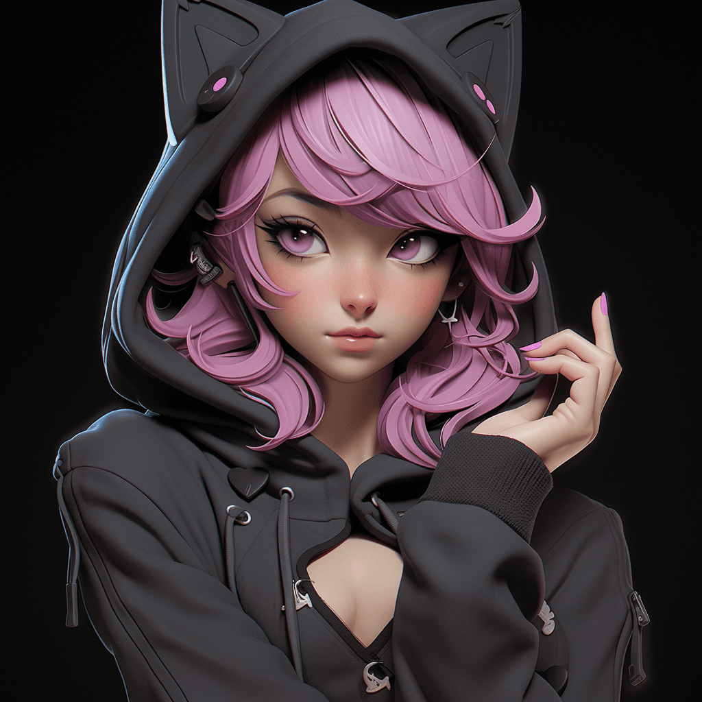 AI generated: clay 3D model of anime girl, cat ear hoodie, irisidecent, dark colors, emo girl, goth girl, short ha...