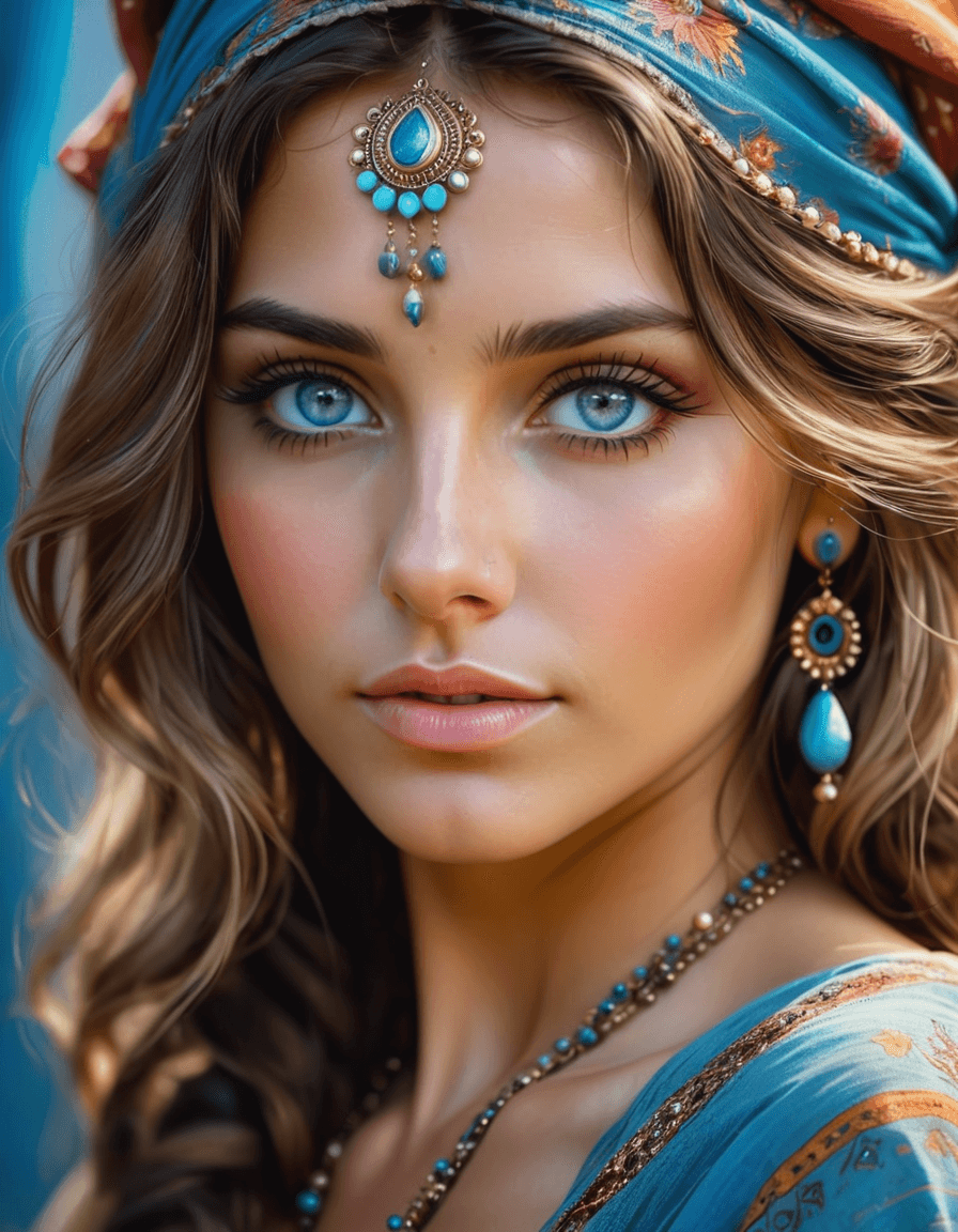 AI generated: painting, bohemian gypsy woman, upper body view, perfect blue eyes, detailed clothing, detailed skin...