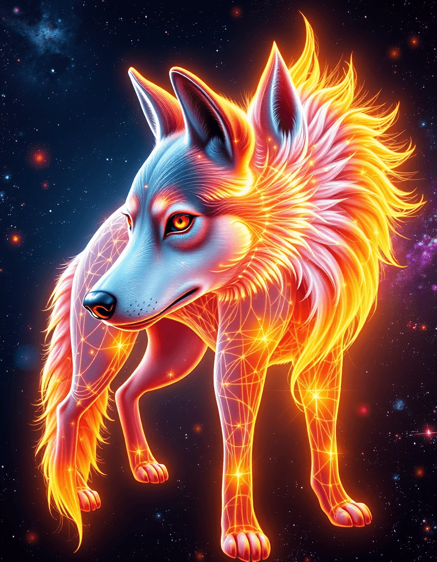 AI generated: A 5D 8k render of a vibrant, ethereal husky deity with a radiant, light-filled body. The husky's bod...