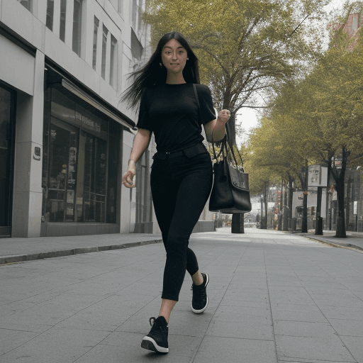 AI generated: The image features a  woman wearing a black shirt, walking down a street while carrying a white purs...
