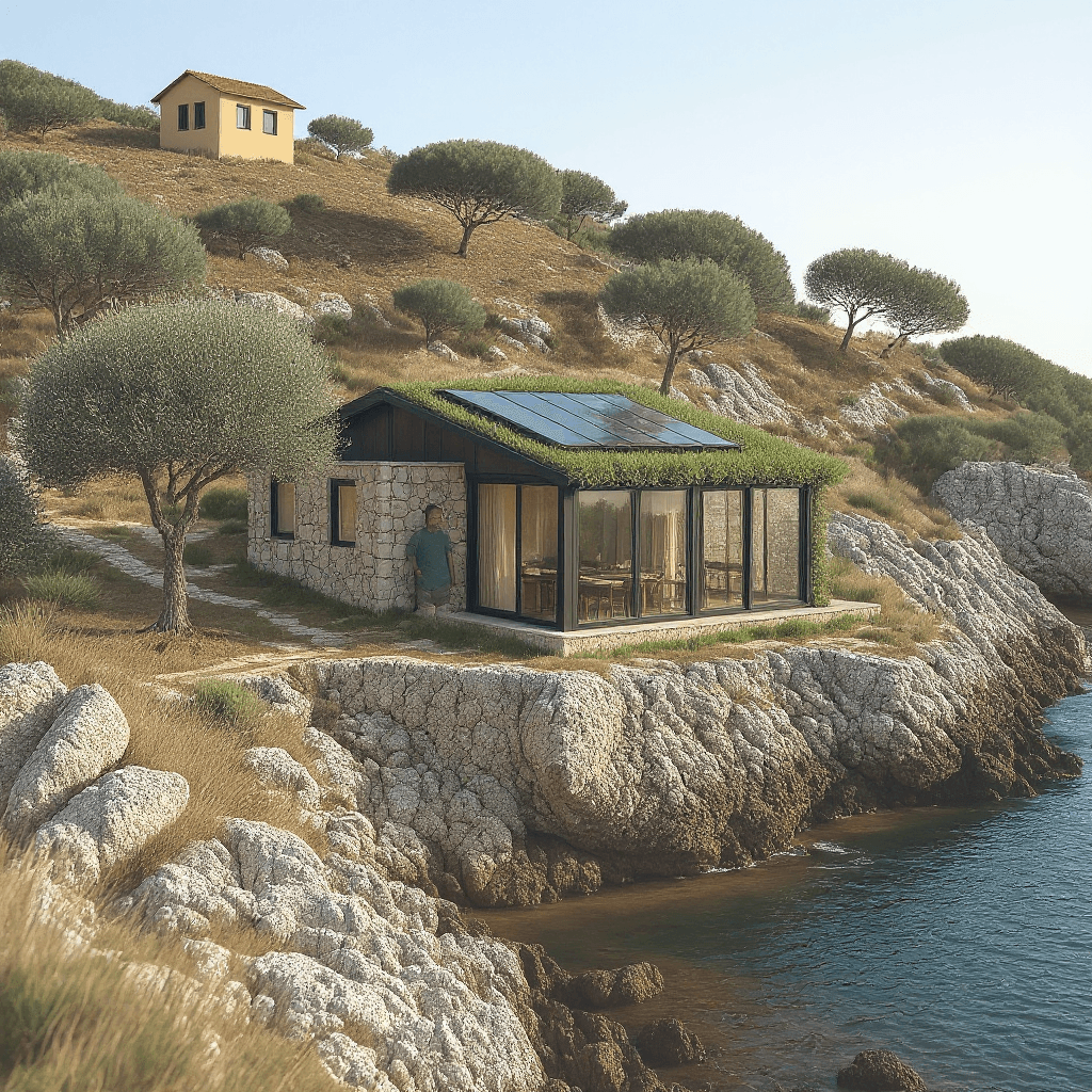 AI generated: It's summer time. The plan of this house. Energy autonomous. Shading divices