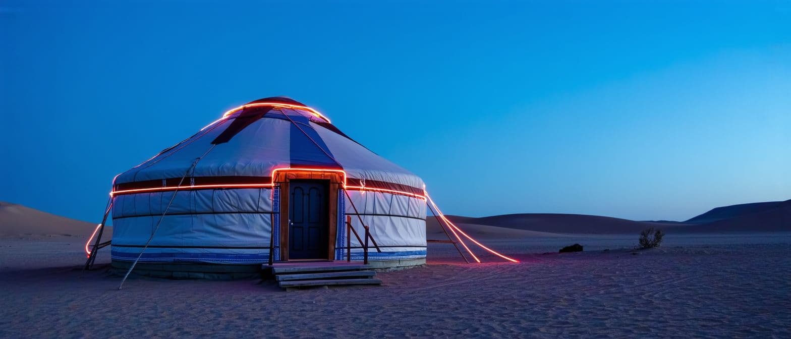 AI generated: Yurt near dombra desert minimalism sky neon
