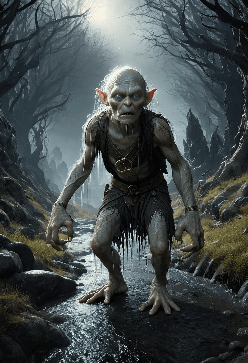 AI generated: glamour shot of Gollum,Lord of rings,John Tolkien,morbide,dark,very detailed,rendered in octane,wet,...