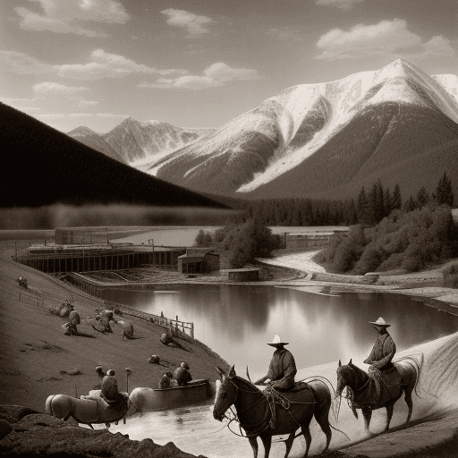 AI generated: Sepia tone photo showing a team of early 1900s construction workers using mechanized equipment, stea...
