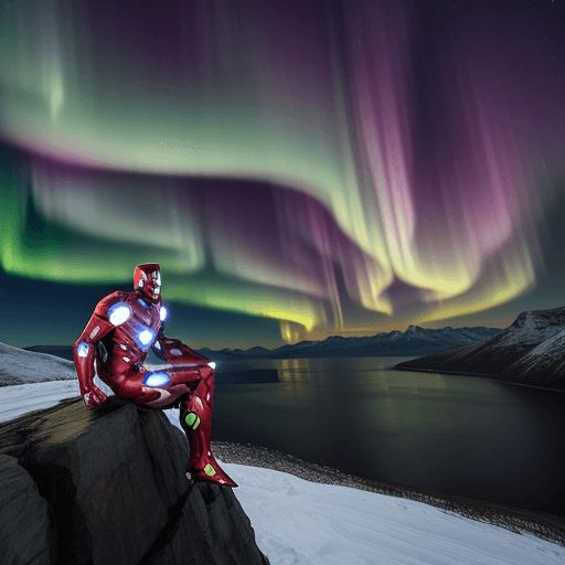 AI generated: ironman on a mountain with sea and northern lights background
