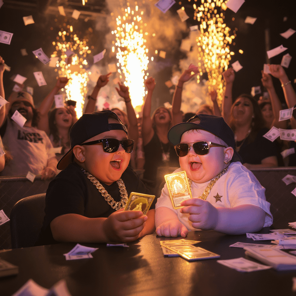 AI generated: TWO LITTLE FAT WHITE 4 YEAR OLD BABYBOYS WITH SUNGLASSES  SITTING ON THE TABLE, FULL OF JOY, LAUGHIN...