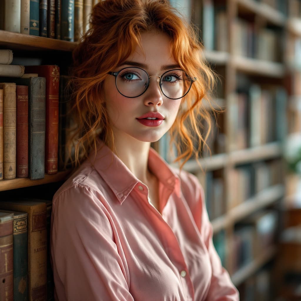AI generated: 📚A captivating librarian with tousled ginger hair and glasses exudes both intellect and allure, her...