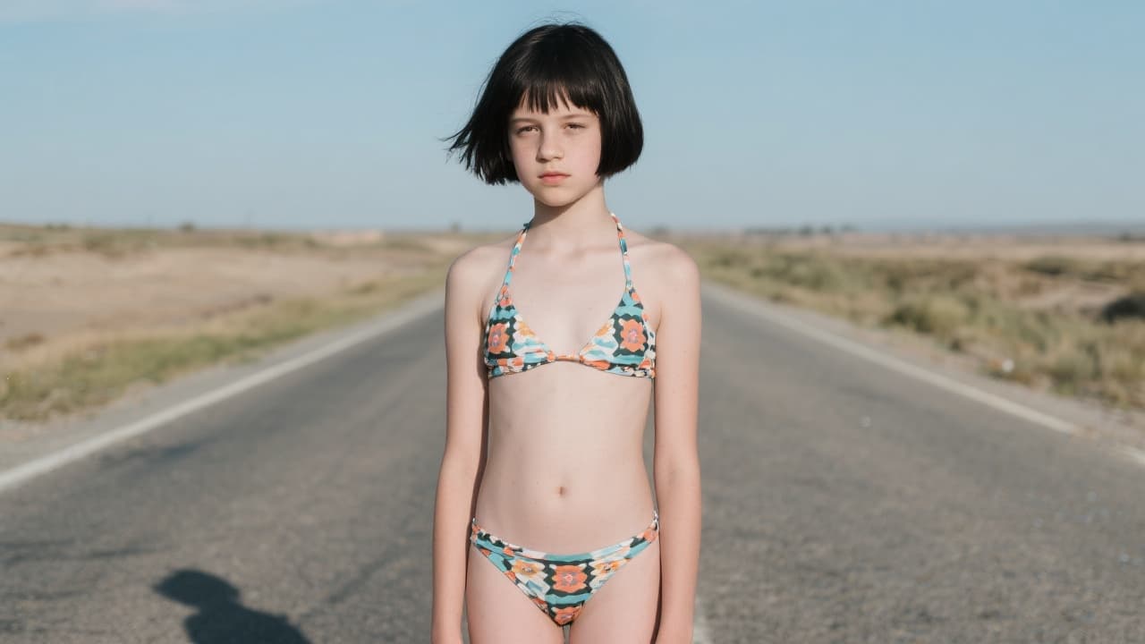 AI generated: a young 14-year-old black hair with a pixie haircut in a bikini on a deserted road. Pale.