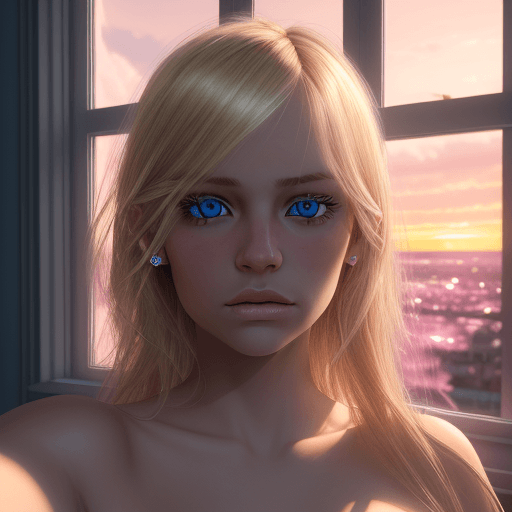 AI generated: A selfie portrait of a naked beautiful blond girl, dark blonde hair ((chanel style)) with pink highl...