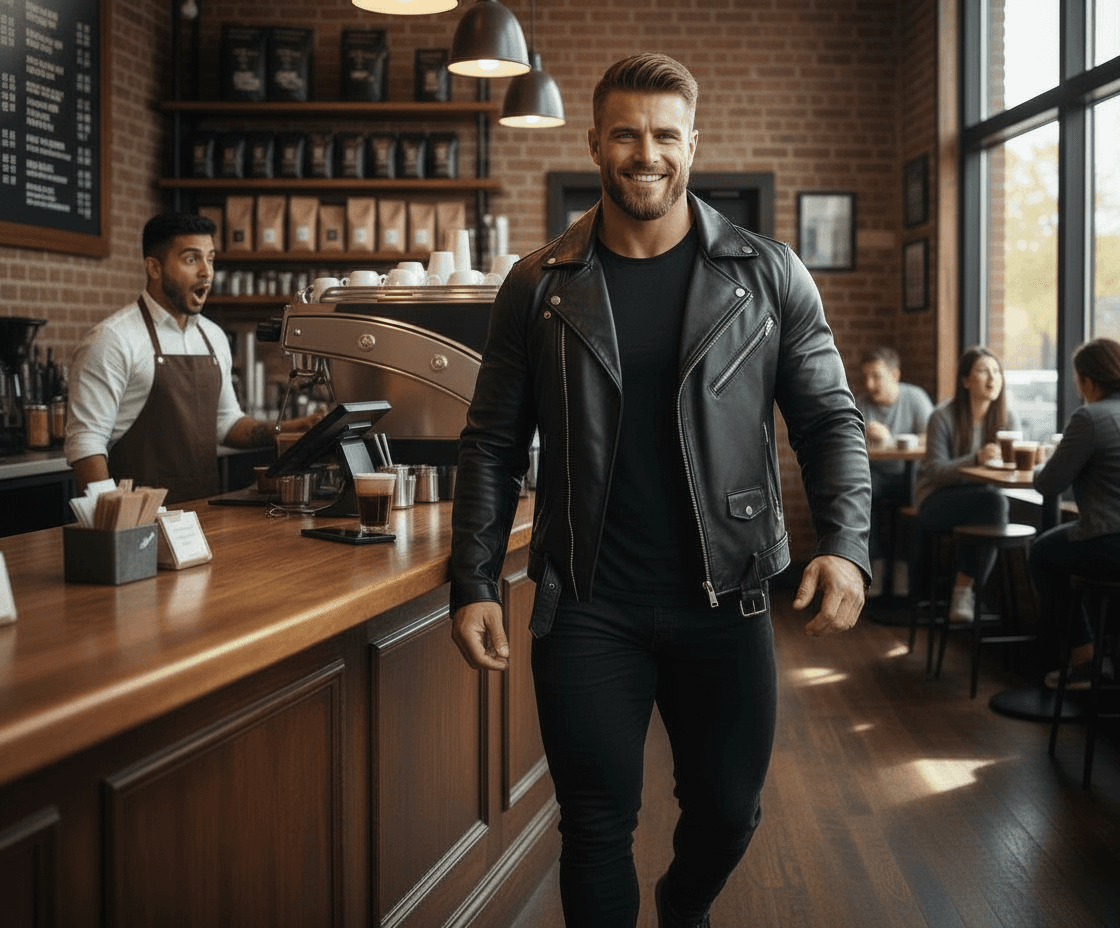 AI generated: Change the leather jacket and shirt color to black. No necklace. The Hispanic barista wears a brown ...