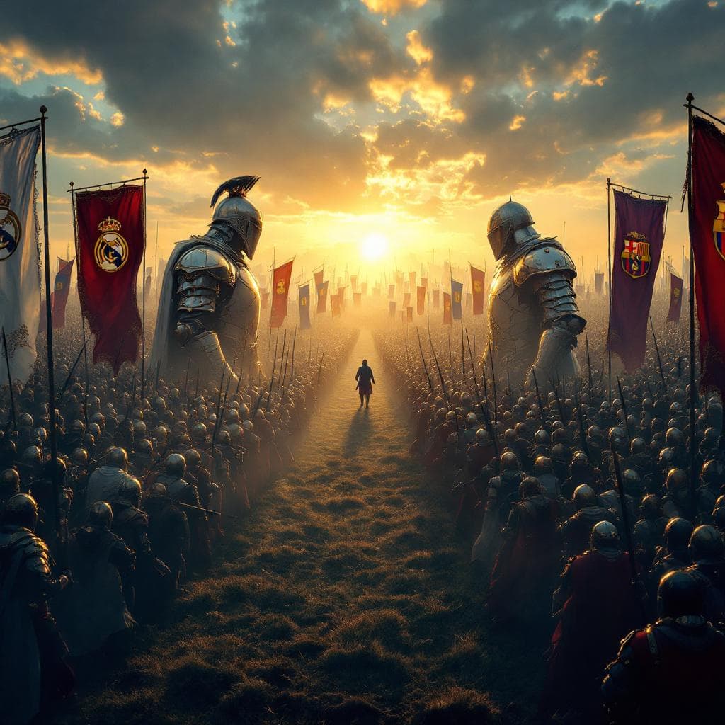 AI generated: Two colossal medieval armies face each other on a vast battlefield at dawn, ready for combat. One ar...