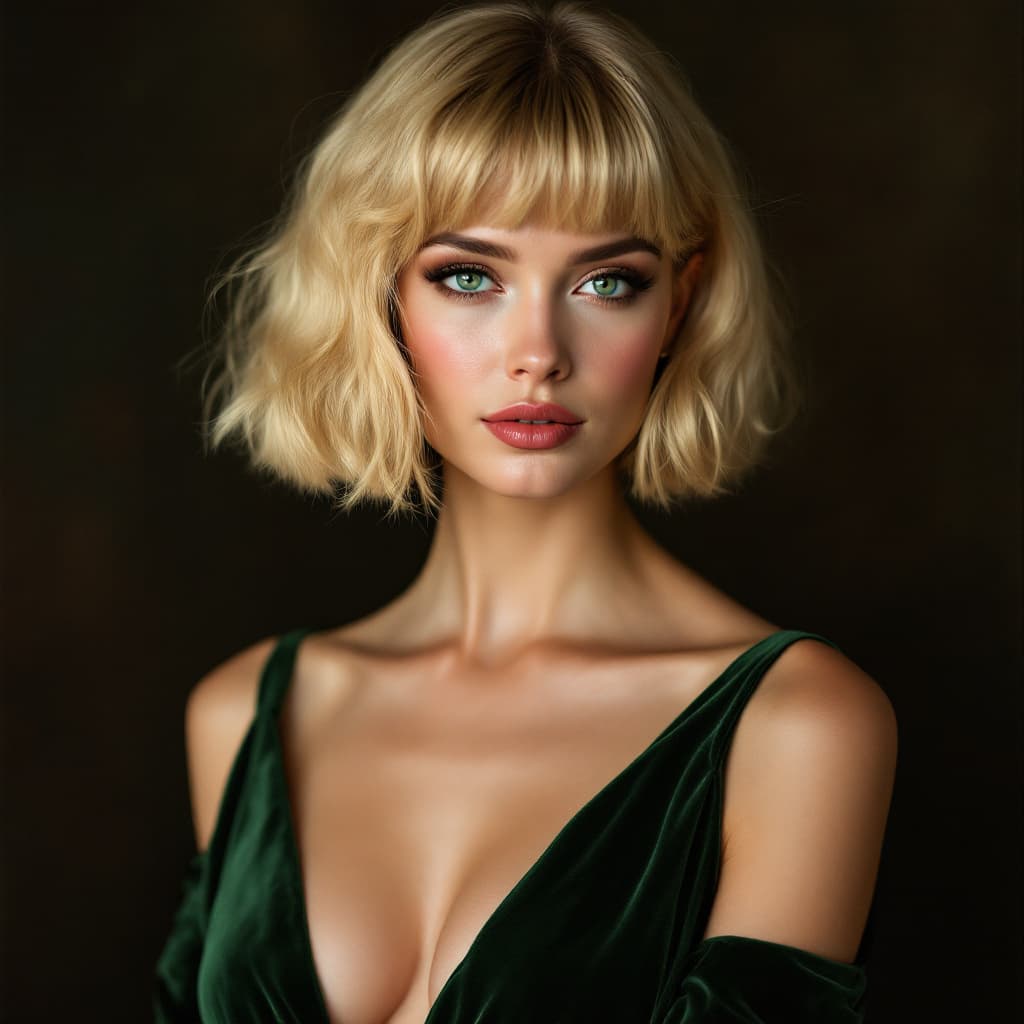 AI generated: A woman in her thirties, with striking features: blonde hair, piercing green eyes, a prominent foreh...