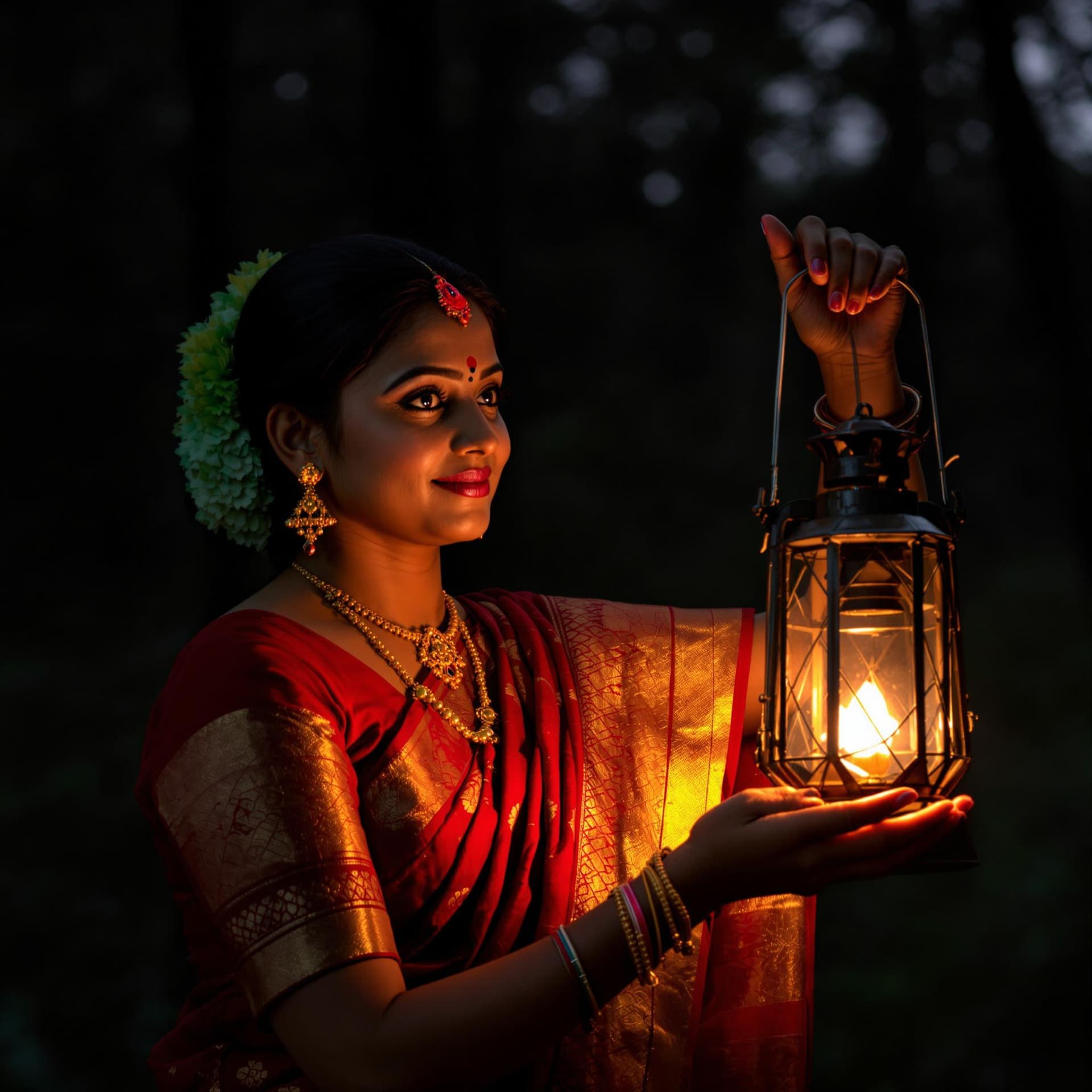 AI generated: a photo of Indian woman in traditional kerala saree and blose holding an old lantern, dark forest ba...