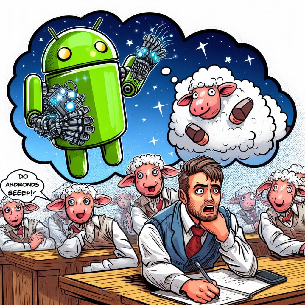 AI generated: Do Androids dream of electric sheep? cartoon drawing