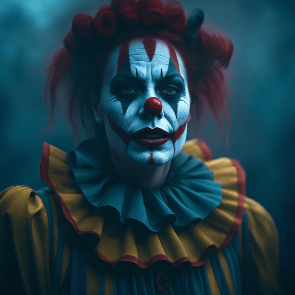 AI generated: ((creepy female clown)), cinematic lighting, very high detailed, foggy background, shot on Fujifilm ...