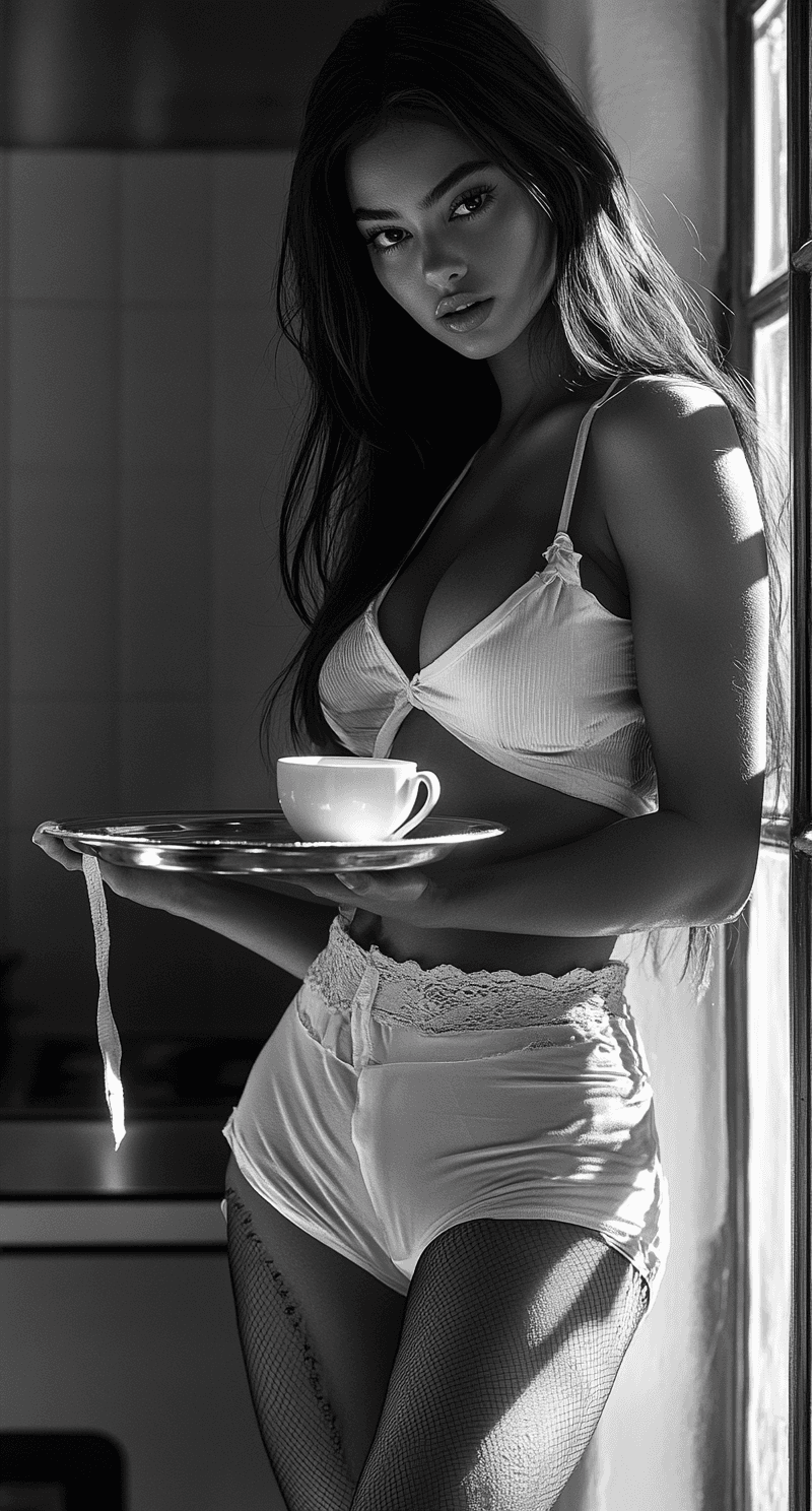 AI generated: Photograph, a full-body shot of a maid wearing black and white stockings, holding a coffee tray in h...