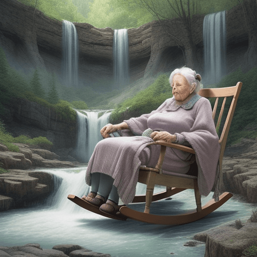 AI generated: A concept art image of an oversized gigantic old woman sitting in a rocking chair knitting a landsca...