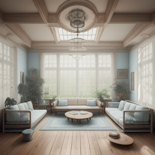AI generated: High resolution photography interior design, dreamy sunken living room conversation pit, wooden floo...