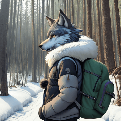 AI generated: furry, fursona, anthro, wolf male, anthropomorphic, clothed, puffy jacket, backpack, (subject on the...