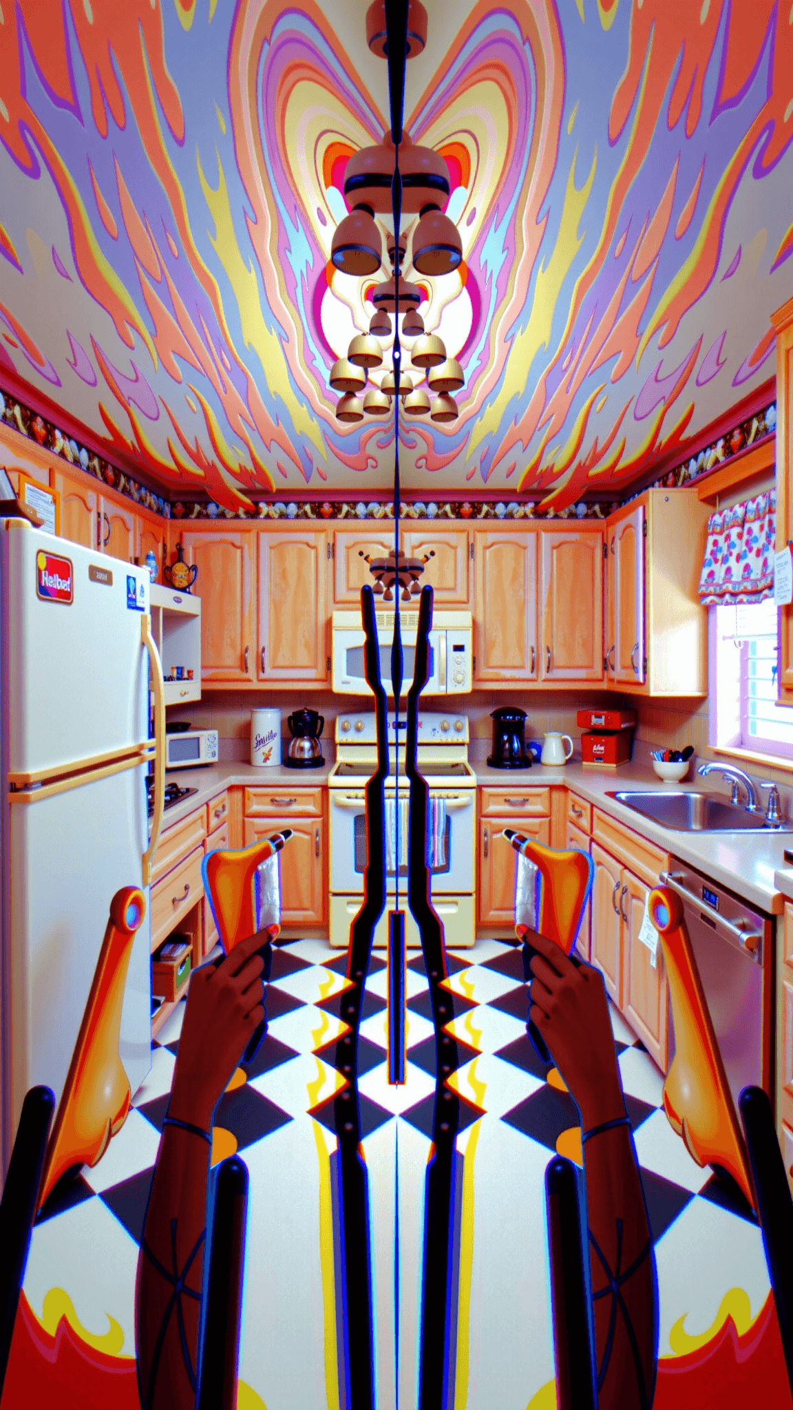 AI generated: A suburban 1960s kitchen viewed in a wide, broken TV frame, retro appliances loop in distorted timel...