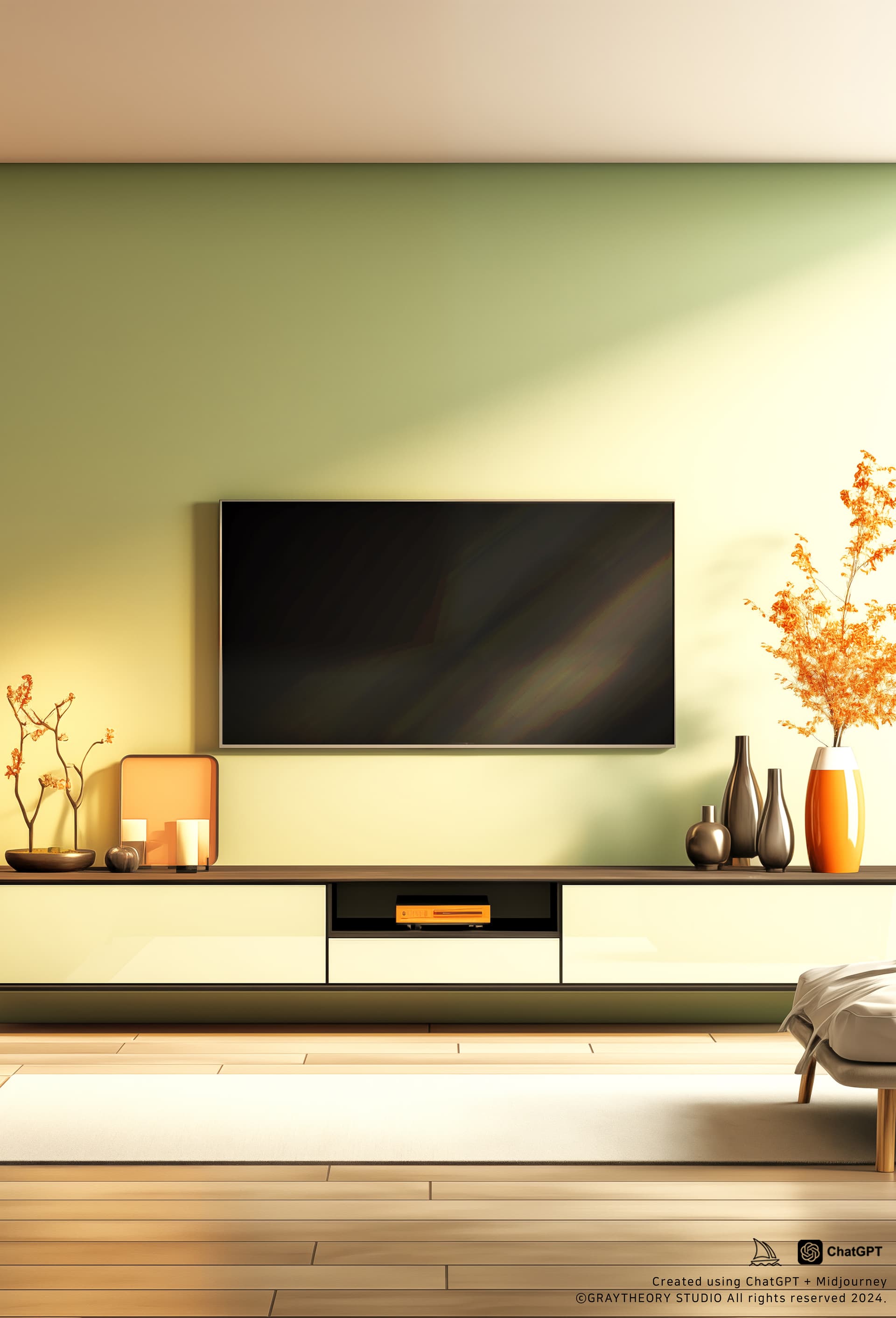 AI generated: 
A green living room with an electric television and an oak floor board, in the style of light oran...