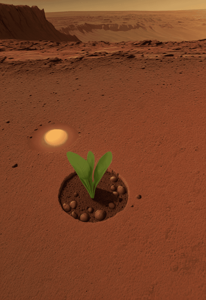 AI generated: A small seed sprouting on the edge of a mountain of mars, dawn and deep valley in the background, ar...