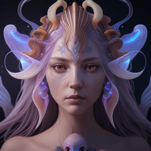 AI generated: Goddess close-up portrait ribcagel. jellyfish phoenix head, nautilus, orchid, skull, betta fish, bio...