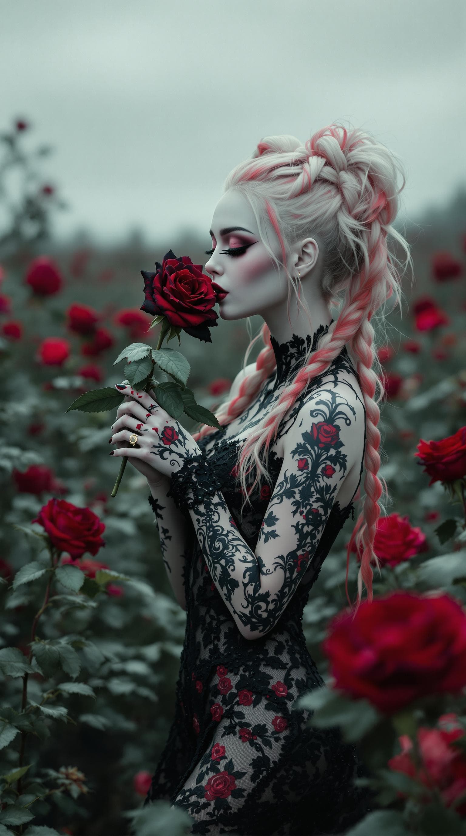 AI generated: A realistic, head to toe photo a fit, thin, perfect body, very pale female standing in a field of bl...