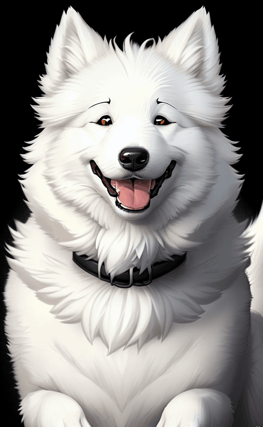 AI generated: smiling/happy white samoyed dog black background for my phone lockscreen leave a space above him for...