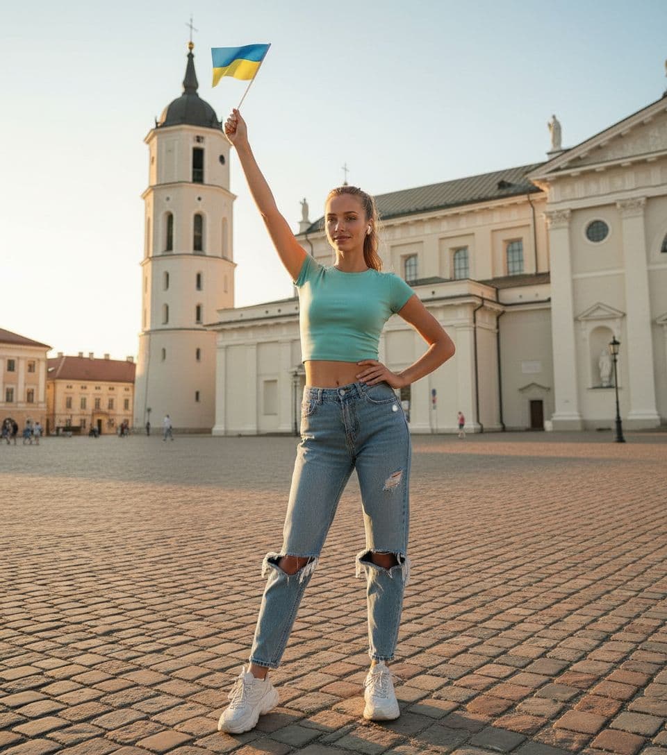 AI generated: 22-year-old 5 foot 7 Spanish girl, standing. stands in Vilnius Old Town against the backdrop in the ...