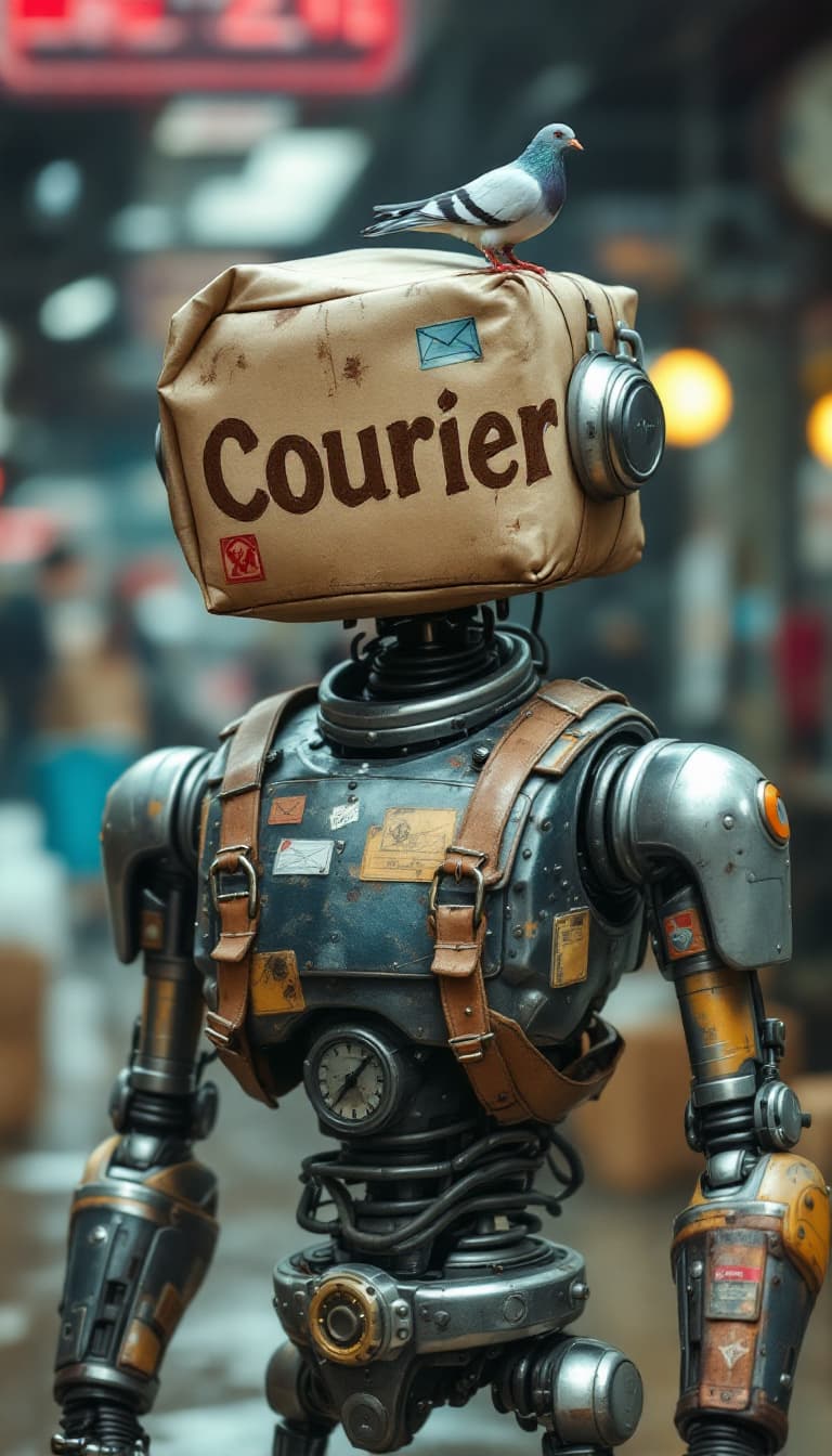 AI generated: A quirky and hyperrealistic depiction of a retro-futuristic robot with a rugged, postal aesthetic. T...