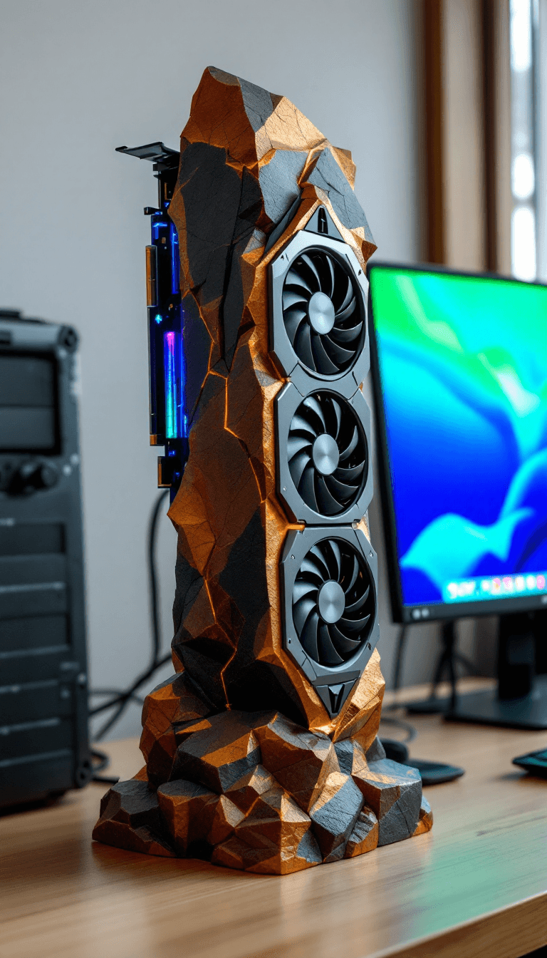 AI generated: Photograph of a simplistic coal statue of a GPU card for a computer, next to a desktop computer on a...