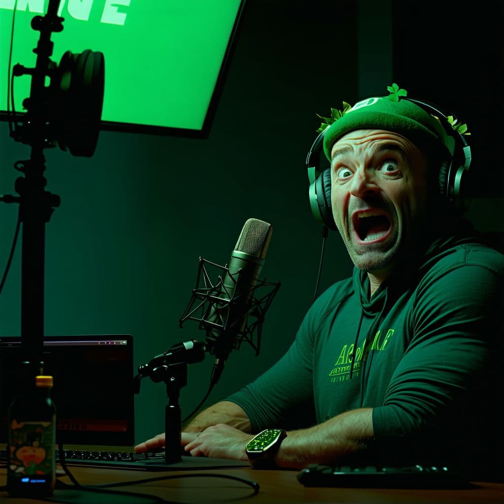 AI generated: Joe Rogan catches a leprechaun breaking onto his set during a podcast and chases after it in a panic...