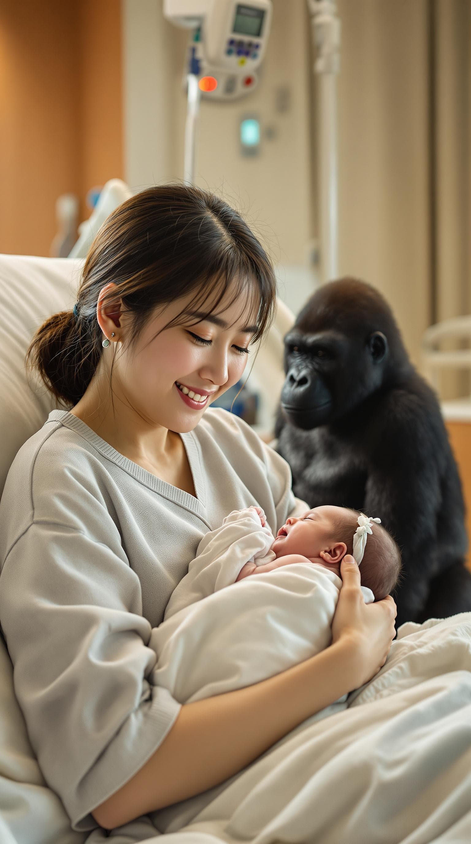 AI generated: A photo of a Korean mother in her 30s cuddling her newborn baby and smiling calmly, with a gorilla s...
