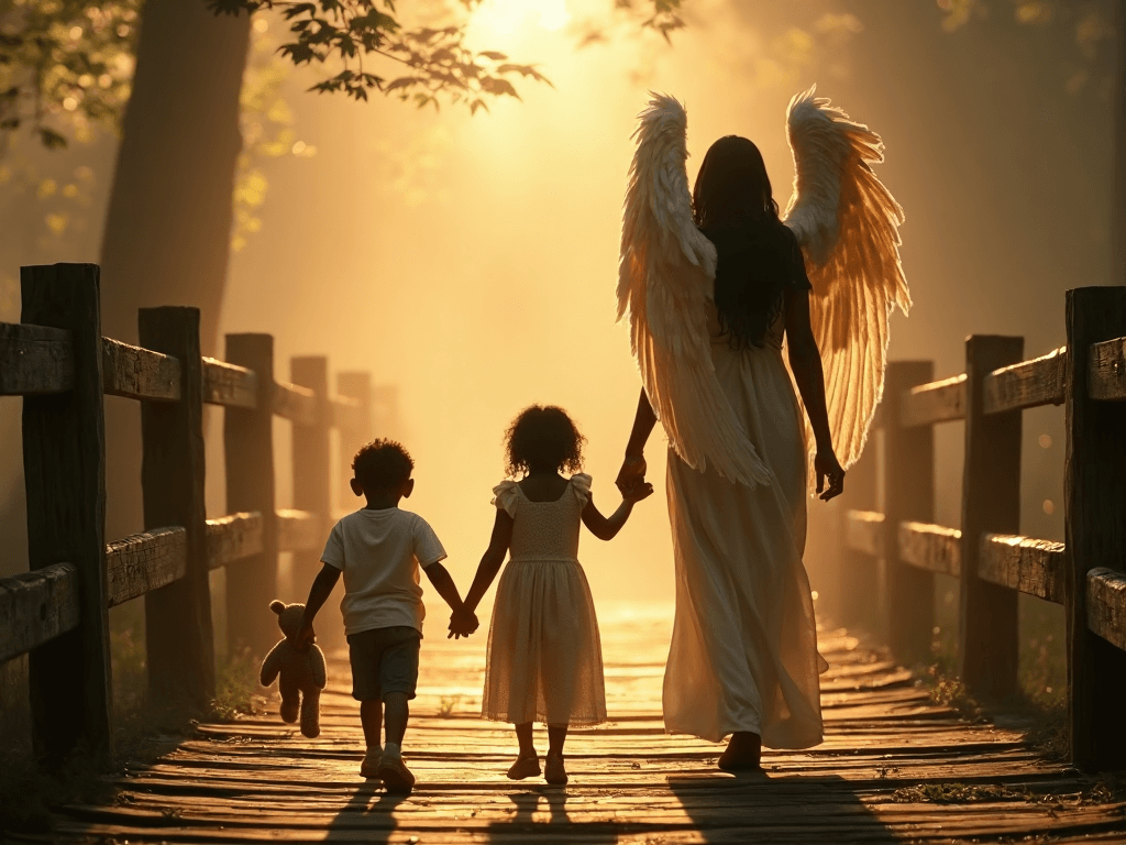 AI generated: A hyper-realistic, cinematic image of a dark-skinned guardian angel gently guiding two small black c...
