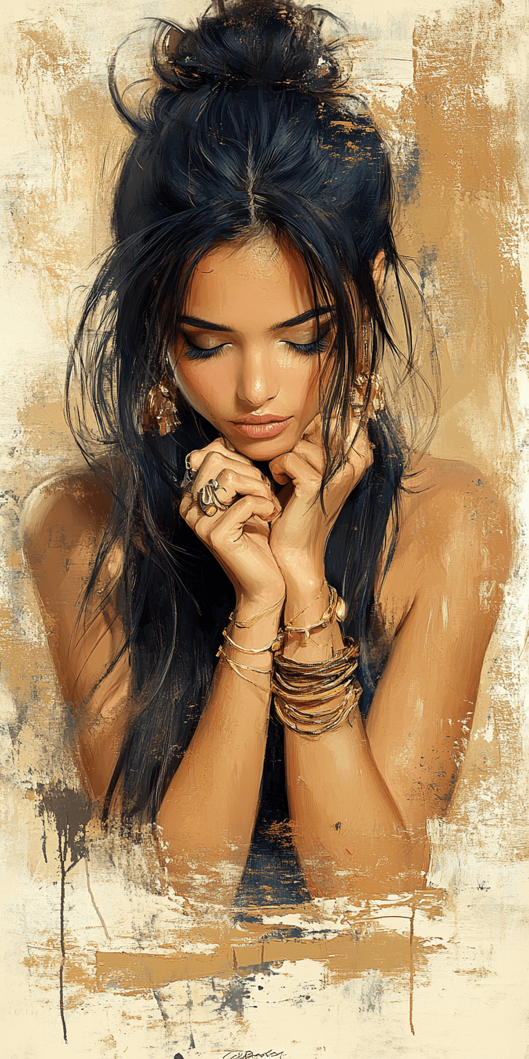 AI generated: a woman with long black hair in a gold painting, in the style of charlie bowater, dark blue and dark...