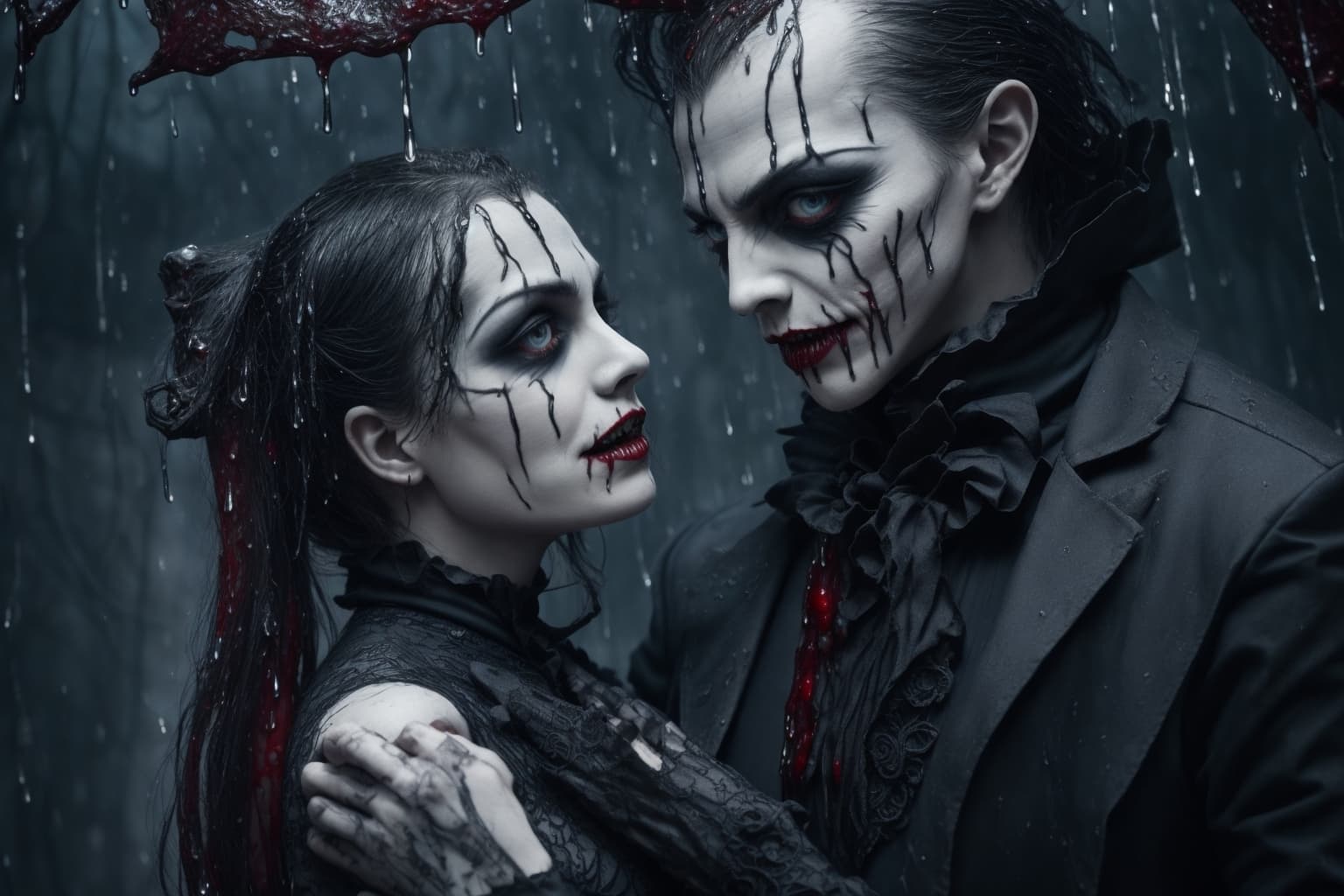 AI generated: jack skellington as a male holding sally, surreal masterpiece of a gothic vampire, angry, gothic enc...