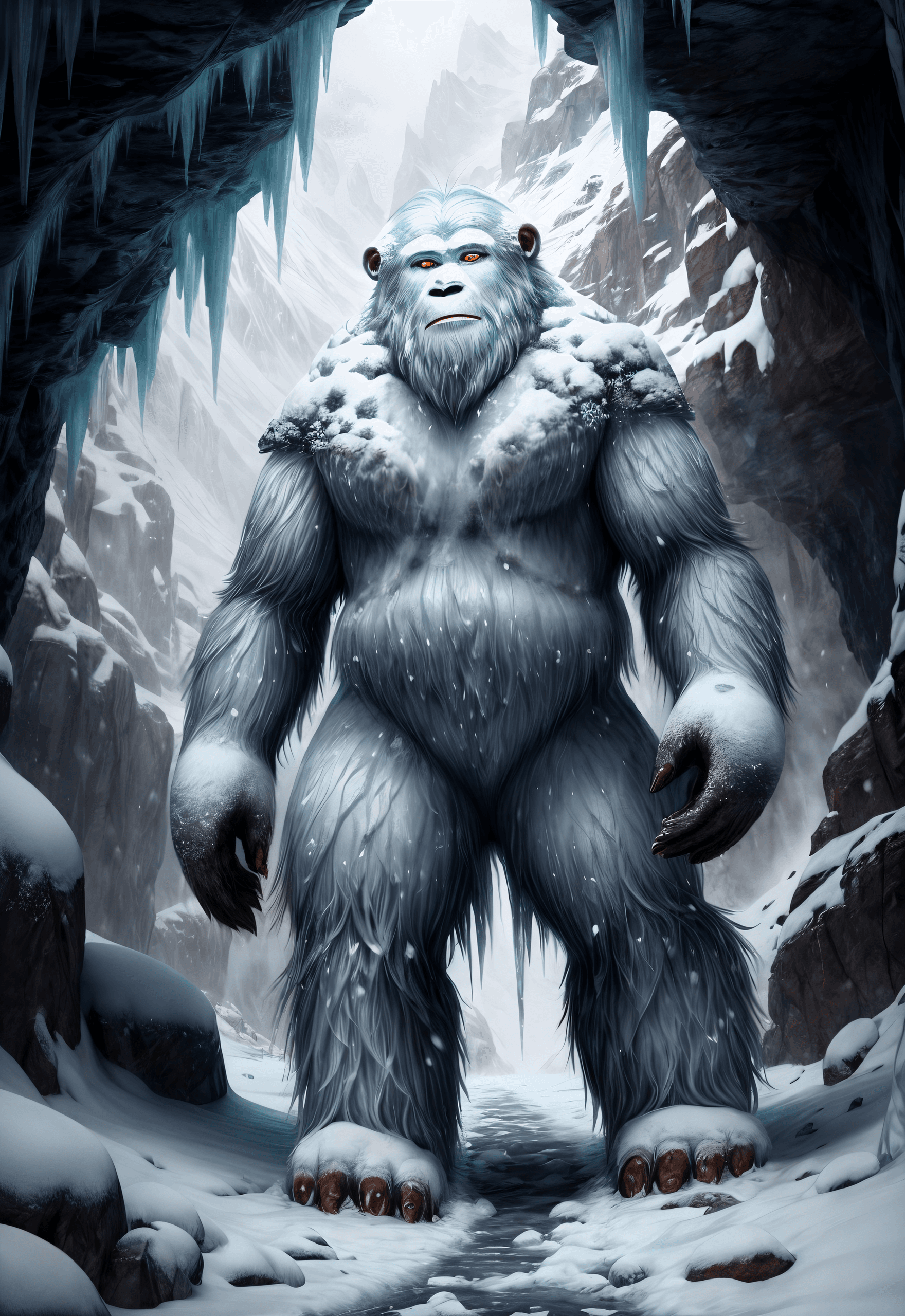 AI generated: A (yeti creature:1.2) , snow beast, detailed fur, cryptid, mythological , ice cave , Himalayas , fan...