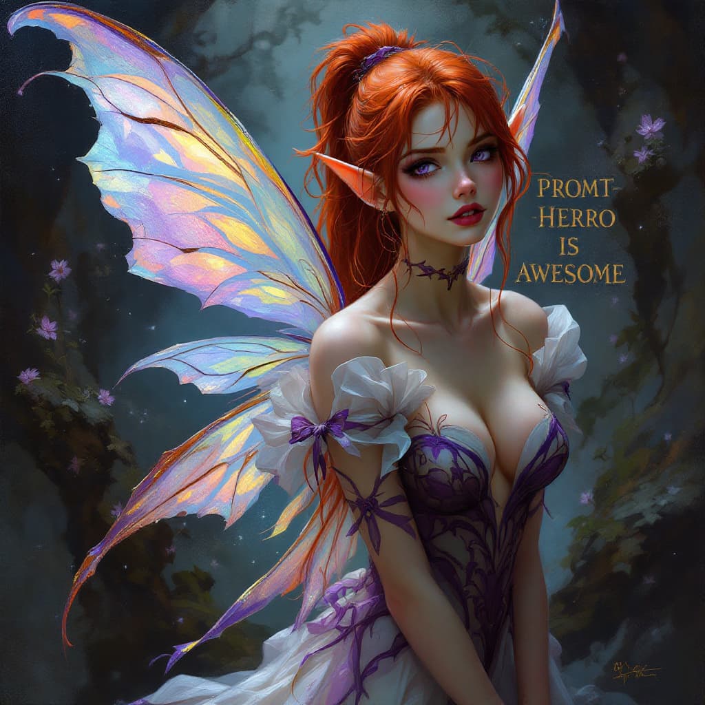 AI generated: oil painting, a female fairy with red hair , purple eyes , elf ears, red hair styled in a pony tail,...