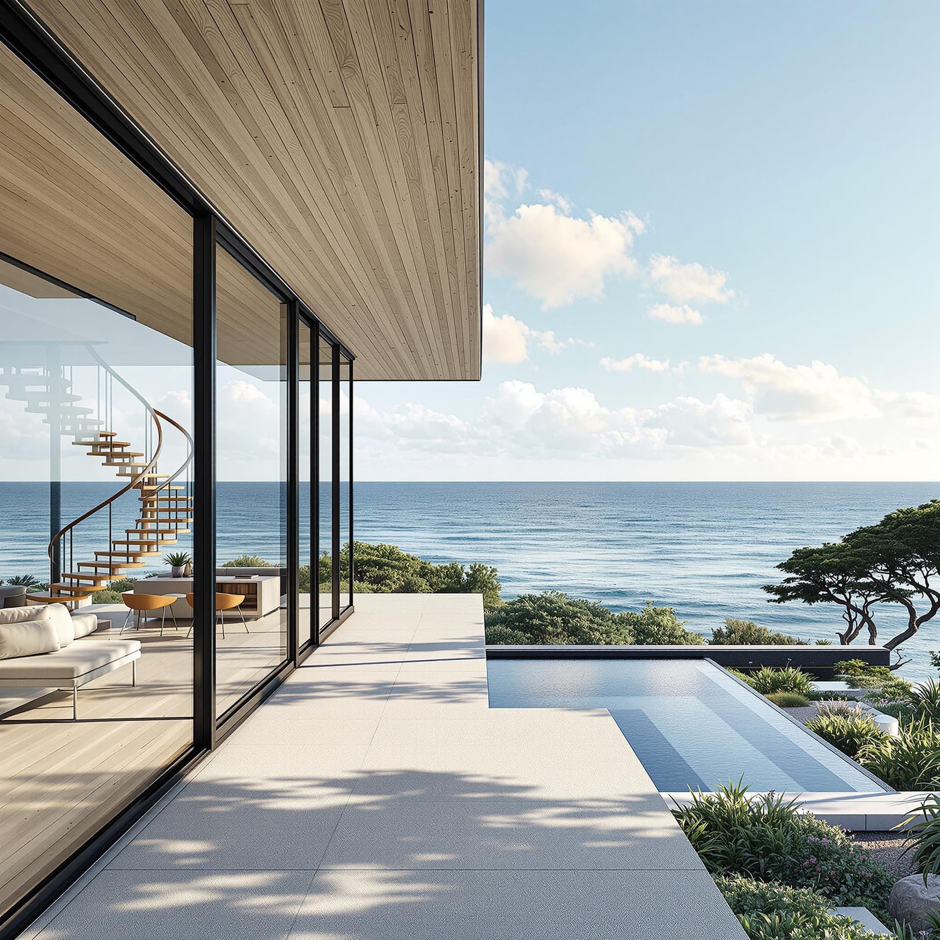 AI generated: Hyper realistic eye level exterior photo of a mid century modern style house overlooking the ocean, ...