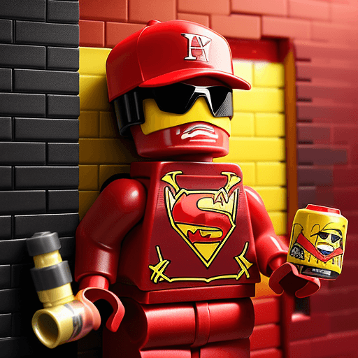 AI generated: A blackman, with a red baseball cap backwards, sunglasses, in a red metallic dark knight armour suit...