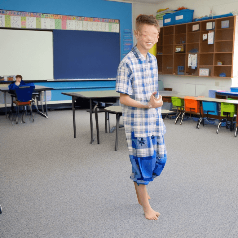 AI generated: Cute teenage boy wearing pyjamas barefoot in classroom